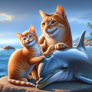 Auburn Cat and Kitten Stroking Dolphin by Seaside