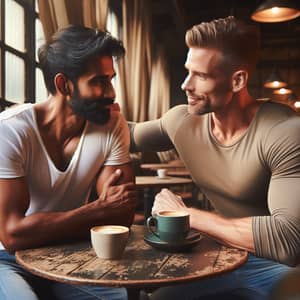 Diverse Male Friends Conversing Over Coffee in Cozy Café