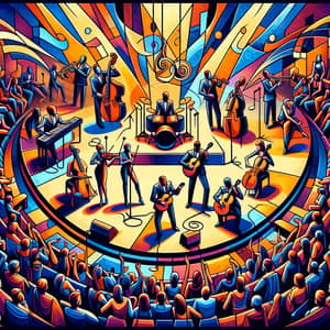 Geometric Art Deco Concert Space with Musicians | Vibrant Colors