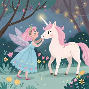 Enchanting Pink and Blonde Fairy Girl with Unicorn