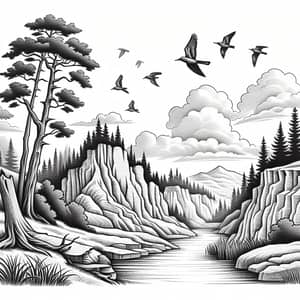 Tranquil Natural Landscape Pencil Sketch for Wood Burning Art