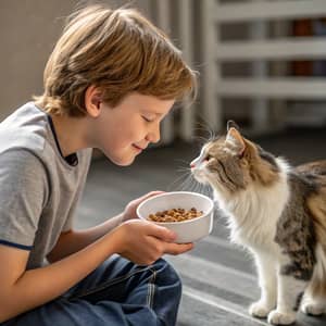 Boy Feeds Beautiful Cat with Affection