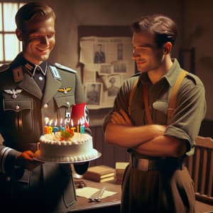 WWII German Officer Wishing Happy Birthday to Friend Quentin with Cake