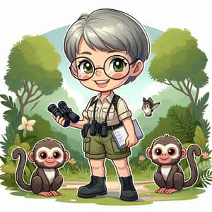 Chibi Pixar Style Illustration of Senior Woman Primate Researcher