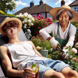 Relaxed Boy Sunbathing While Mother Works in Garden