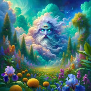 Ethereal Illuminati Deity in Lush Landscape