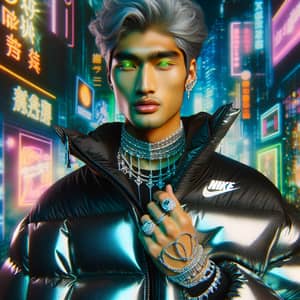 Cyberpunk Style: Male Supermodel in Nike Puffer Jacket