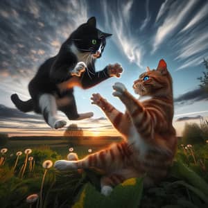 Epic Battle: Tuxedo vs. Ginger Cats in Grassy Field