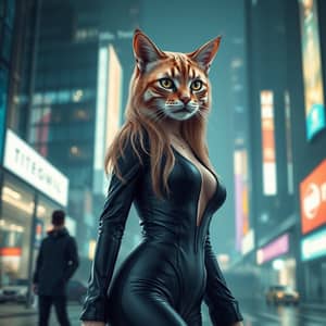 Surreal Cat-Headed Model in Modern Cityscape