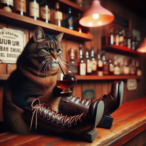 Sophisticated Cat in Boots Enjoying Rum at Vintage Bar