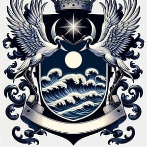 Tranquil Coat of Arms with Crane Birds and Moonlit Sea