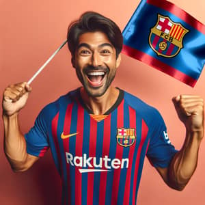 Excited Barcelona Soccer Fan in Classic Jersey and Matching Flag