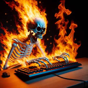 Angry Skeleton on Fire Hits Keyboard in Game Loss