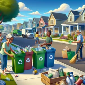 Diverse Recycle Day Activities on Sunny Suburban Street