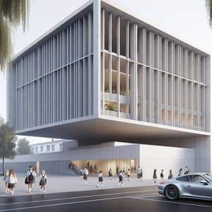 Diverse Teenagers Approaching Minimalist School Building