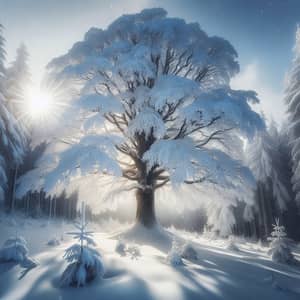 Enchanting Winter Scene with Majestic Snow-Covered Tree