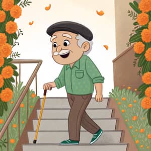 Happy Grandfather Walking Downstairs with Flowers