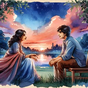 Romantic Watercolor Love Story at Dusk | Park Setting Scene