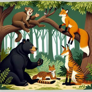 Lively Forest Animal Scene with Bear, Monkey, Fox, Kangaroo, and Tiger