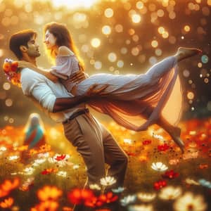 Romantic Flower Field Scene: Love and Joy Captured in Vintage Film Style