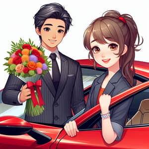 Youthful Teenager in Corporate Wear Presents Flowers in Ferrari