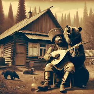 Russian Man with Balalaika Embracing Bear in Rural Setting