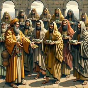 Biblical Scene with Ten Servants Holding Pounds - Luke 19:13