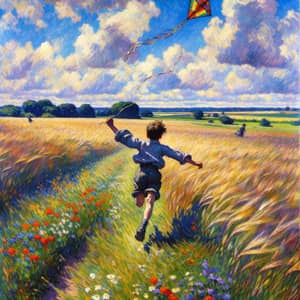 Exuberant Young Boy Running with Kite in Vibrant Impressionist Field