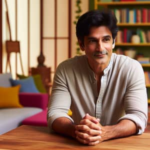 Middle-Aged South Asian Man Sitting Comfortably on Wooden Table