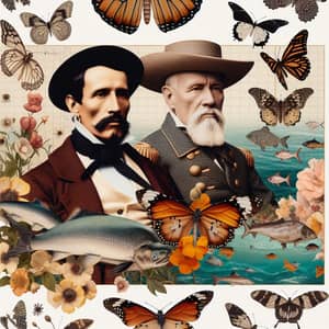 Collage of Butterflies, Fish, and Historical Explorers