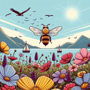 Bee Flying Over Sea of Flowers | Mountains & Sea Views