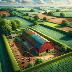 Idyllic Rural Setting with Red Barn and Farm Animals