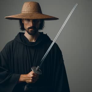 Man in Black Robe with Straw Hat and Slender Sword