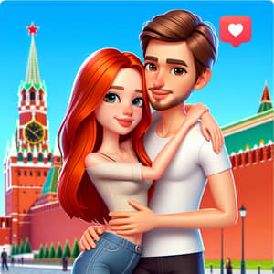 Slim Red-Haired Girl Hugs Brown-Haired Guy at Kremlin - Vibrant 3D Cartoon