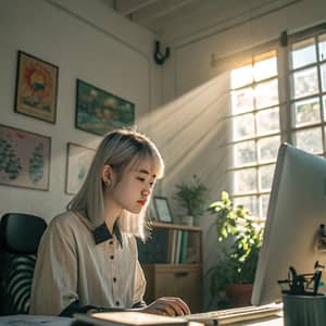 Pale-Skinned Asian Teenage Girl in Sunlit Office