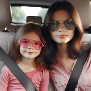 Younger and Older Girls in Car - Stylish Glasses Duo