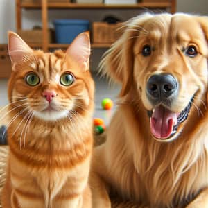 Playful Orange Tabby Cat and Friendly Golden Retriever Indoor Fun