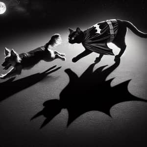 Batman Cat Chasing Dog at Night | Comic Book Superhero Scene