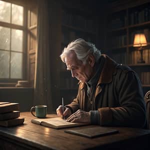 Elderly Man Writing Poetry in Cozy Room