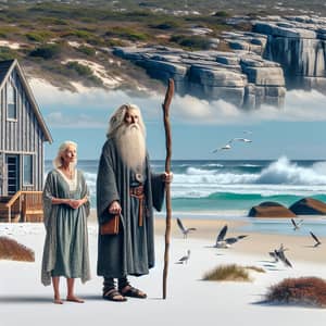 Seaside Beach House with Mystical Wizard and Blonde Woman