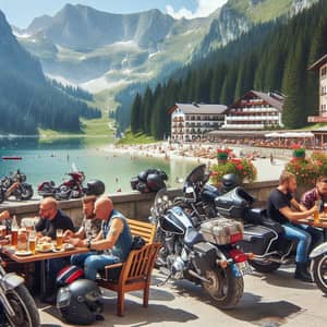 Motorcyclists Enjoying Outdoor Bar in Scenic Europe