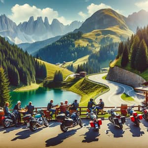 Picturesque European Landscape: Motorcycle Enthusiasts Relaxing Outdoors