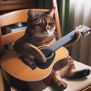 Adorable Domestic Short-Hair Cat Playing Acoustic Guitar