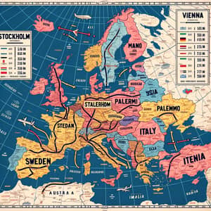 Europe Map with Spanish Labels and Transport Routes to Stockholm, Palermo, and Vienna