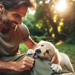 Playful Puppy Biting Pants in a Sunny Park