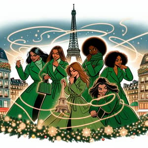 Diverse Women in Green Coats Conspire at Eiffel Tower in Paris