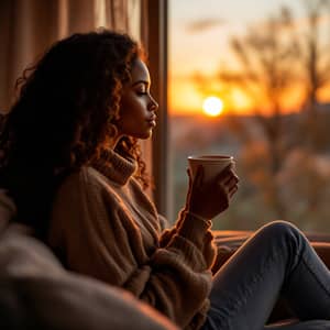 Coffee Moments: Black Woman Enjoys Sunrise at Home