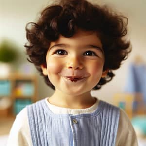 Joyful Eight-Year-Old Boy in Light Blue Diaper