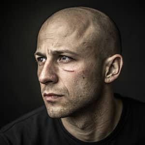 Portrait of a 33-Year-Old Man: Bald and Scarred