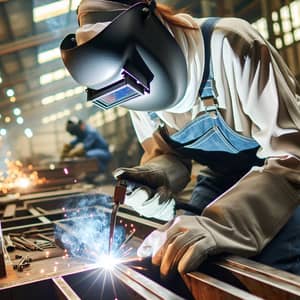 Female Hispanic Welder at Work - Sparks Flying